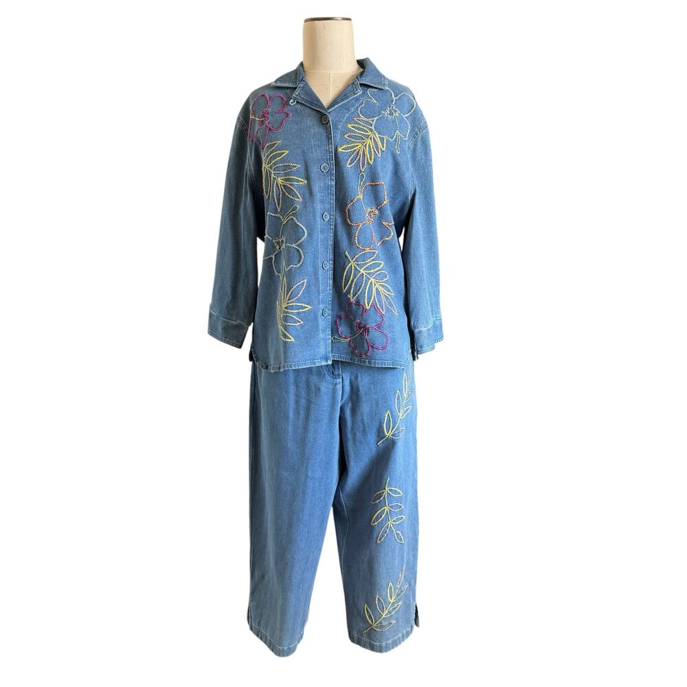 Vintage Bechamel Embroidered Denim 2 Piece Set Womens Size 12/L Cottage Core